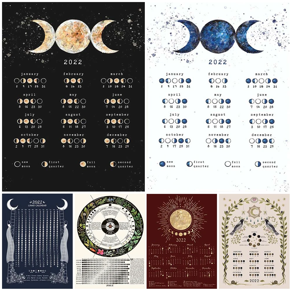 Witchy Moon Wicca Calendar 2022 Poster And Print Occult Boho Lunar Phase Decor Wall Art Canvas Painting For Living Room Unframed|Painting & Calligraphy| - Aliexpress