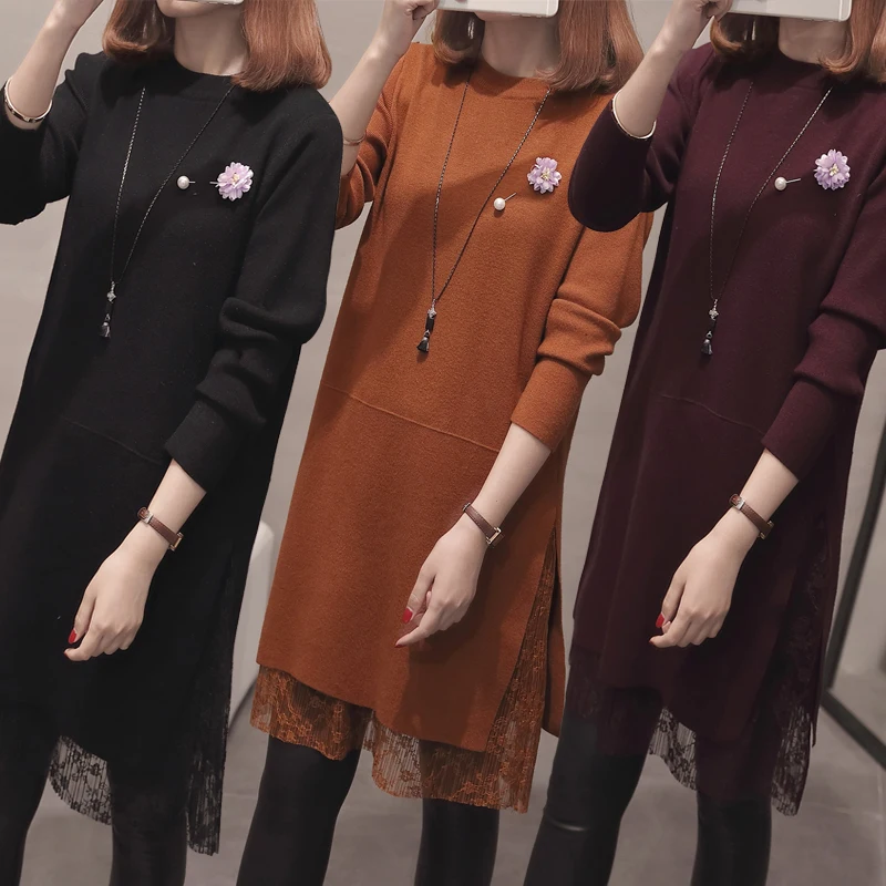 Fashion lace pleated dress top autumn new dress women's long sleeve straight cute split dress