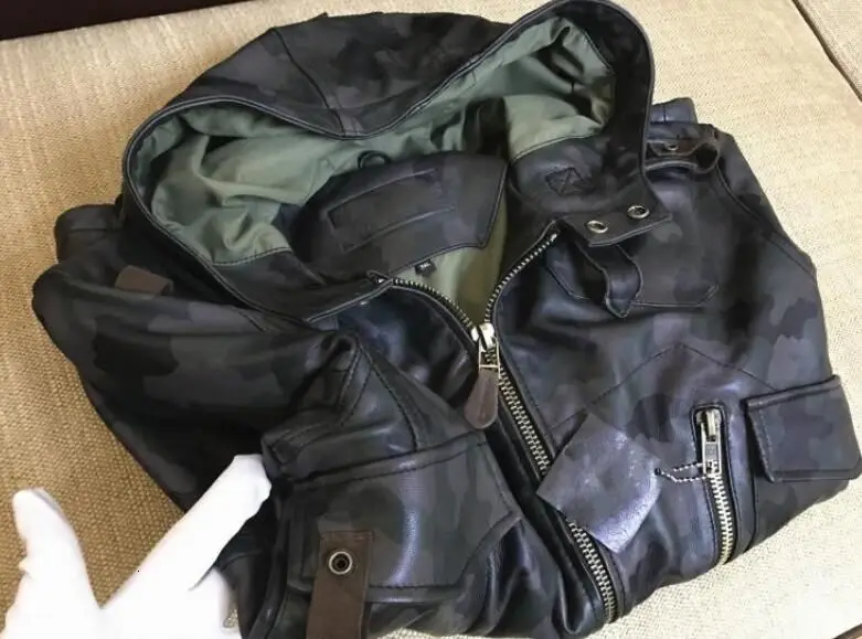 camouflage Новое поступление, мужская кожаная куртка с капюшоном из овчины, короткие пальто, черная Повседневная ветровка пилота на молнии, с карманами, приталенная, в стиле панк - Цвет: camouflage