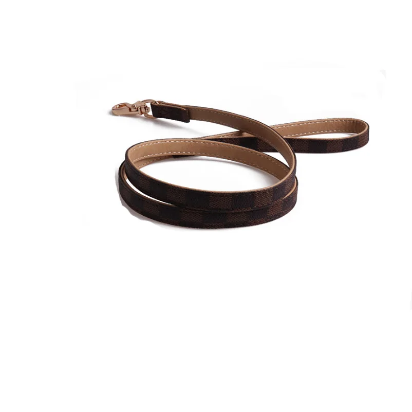 block leash Wholesale Dog Collar Leash Classical 10pcs/lot Brown Flower Simple Designer Pet Collar Lead PU Leather Quality Buckle - Цвет: block leash