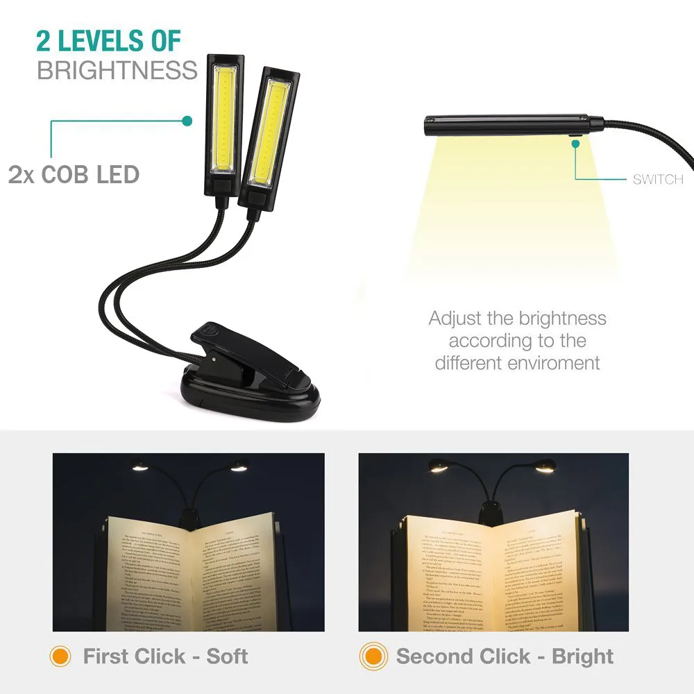

Bright LED light with ON / OFF switch Flexible USB Clip-On 2x COB LED Light Reading Study Desk Table Lamp Rechargeable