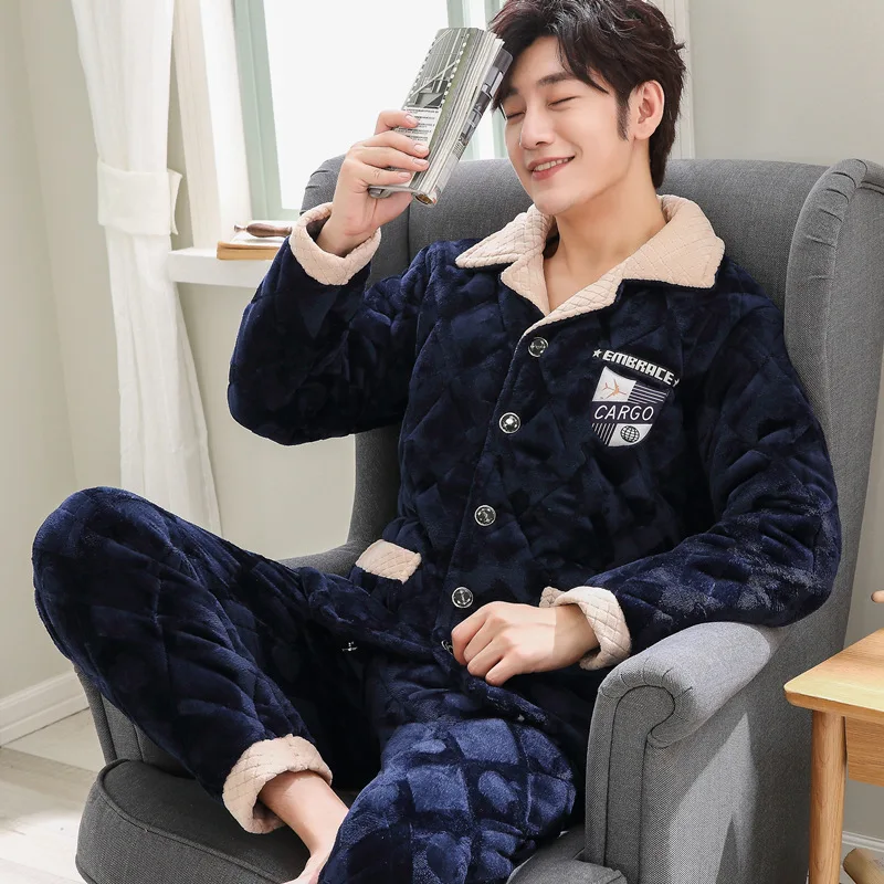 

Winter Men Pajamas Flannel Thick plus Velvet Middle-aged Coral Velvet Three Layer Padded Warm Tracksuit 2882