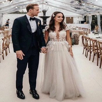 

Sexy Deep V-neck Lace Appliques A-Line Wedding Dresses Vestido De Noiva Cap Sleeves Bridal Gowns Backless Country Bride Dress