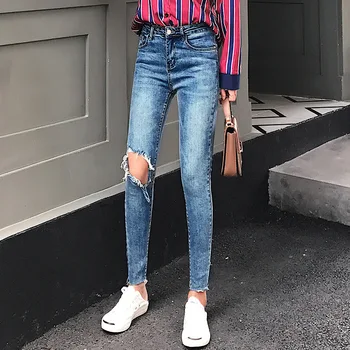 

Dark Blue Washed Denim Pants Female Ankle Length Tousers High Waist Hole Skinny Jeans For Woman