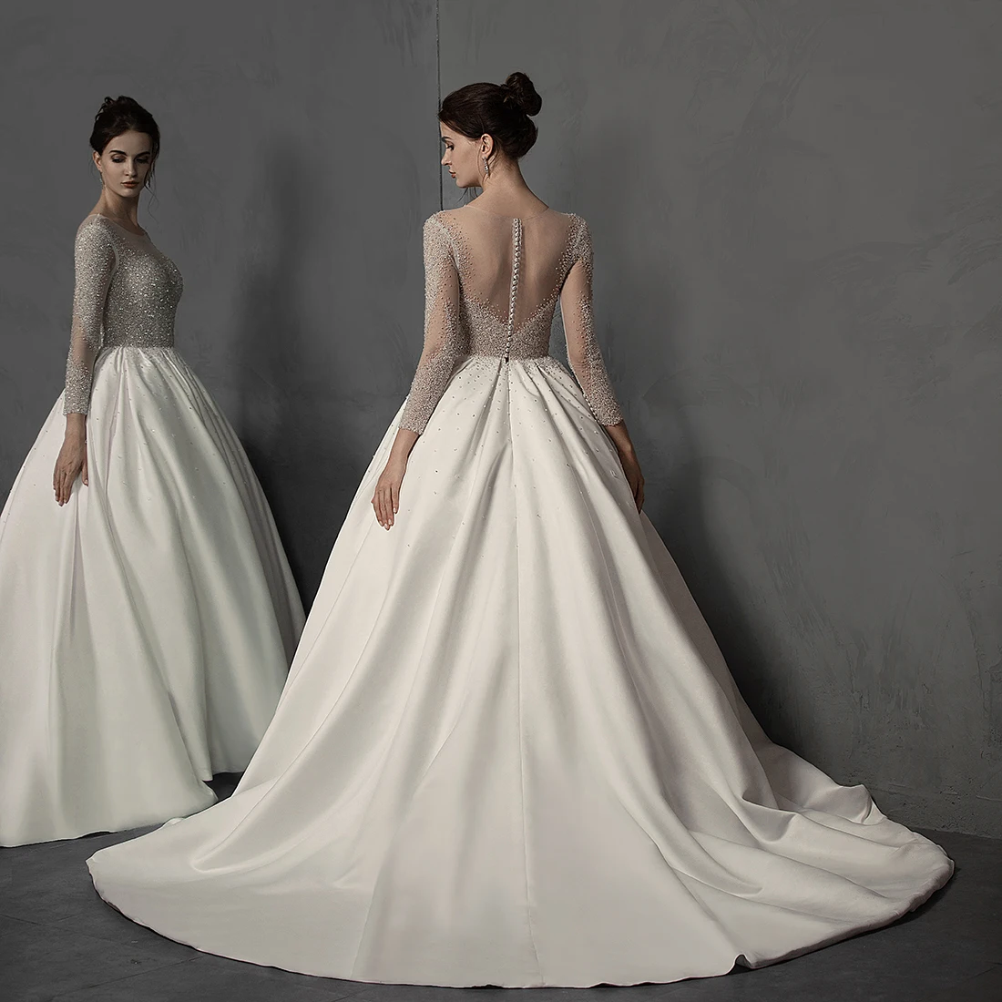BacklakeGirls Sukienka Na Wesele высококачественное атласное свадебное платье с круглым вырезом и длинными рукавами трапециевидной формы, на пуговицах сзади