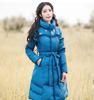 

New Autumn Winter Slim Waist Women Wadded Feather Jackets Elegant Floral Embroidery Stand Collar Female White Duck Down Parkas