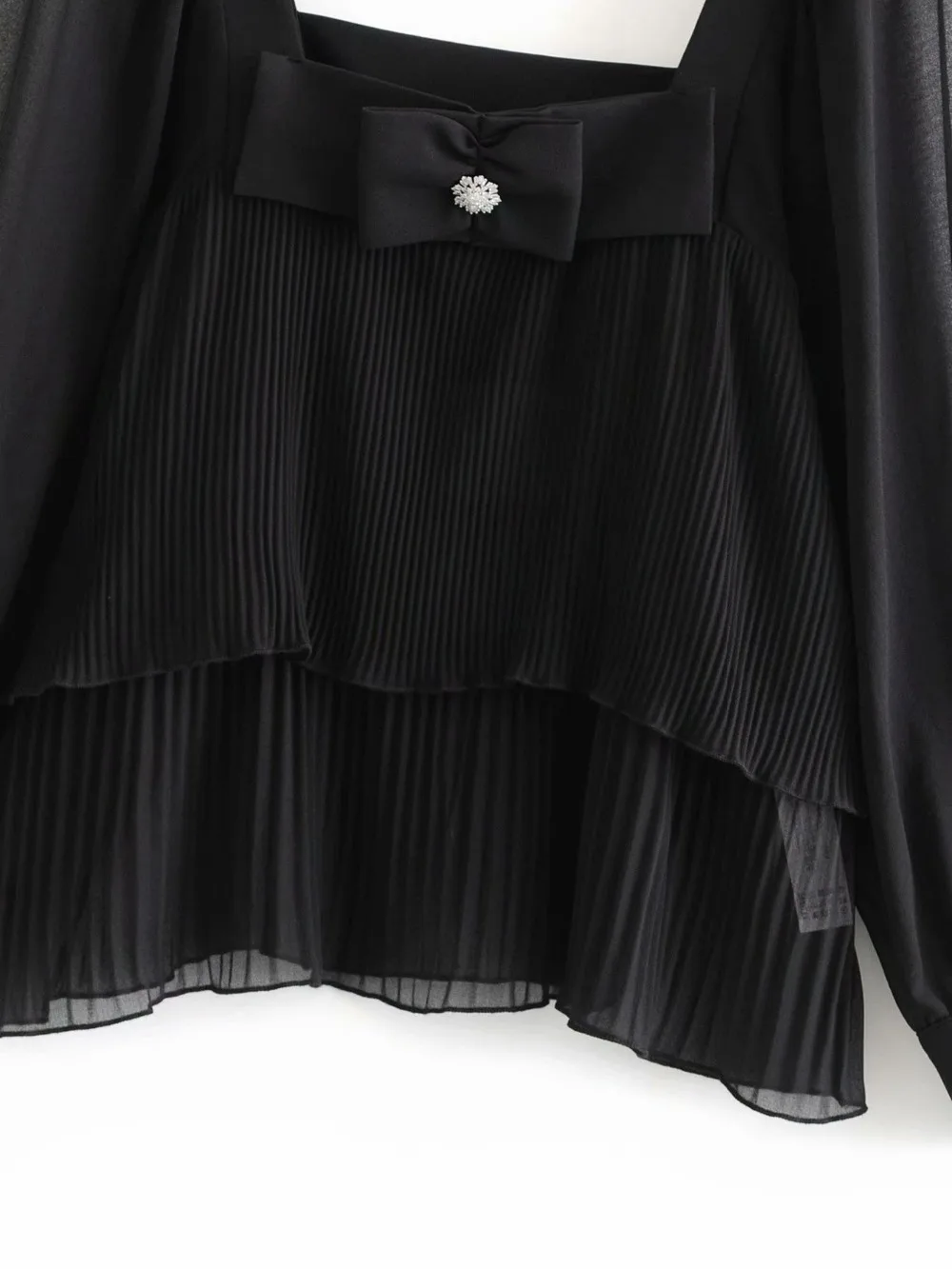 Женская элегантная винтажная черная плиссированная шифоновая блузка с бантом, милые женские сексуальные полупрозрачные летние топы с длинным рукавом и квадратным вырезом