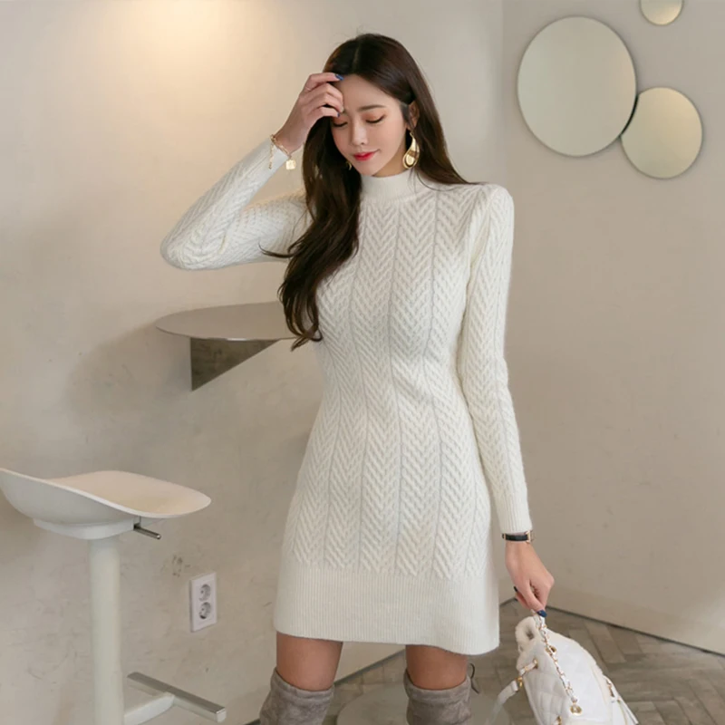 2019 New French Self-cultivation Bag Hip High Collar Long-sleeved Women's Bottom Sweater Knit Dress |