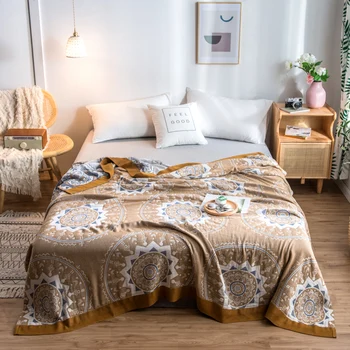 

Soft Cotton Bamboo Blanket Blue Coffee Bohe Flower Bedspread Breathable Throw Bed Linen Cover Home Textile 150*200cm 200*230cm