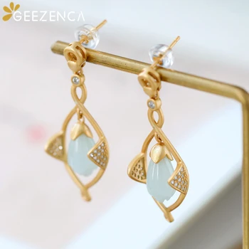 

925 Sterling Silver Jadeite Flower Gold Plated Stud Earrings Magnolia Zircon Geometric Earring Fine Jewelry for Women Cute Gift