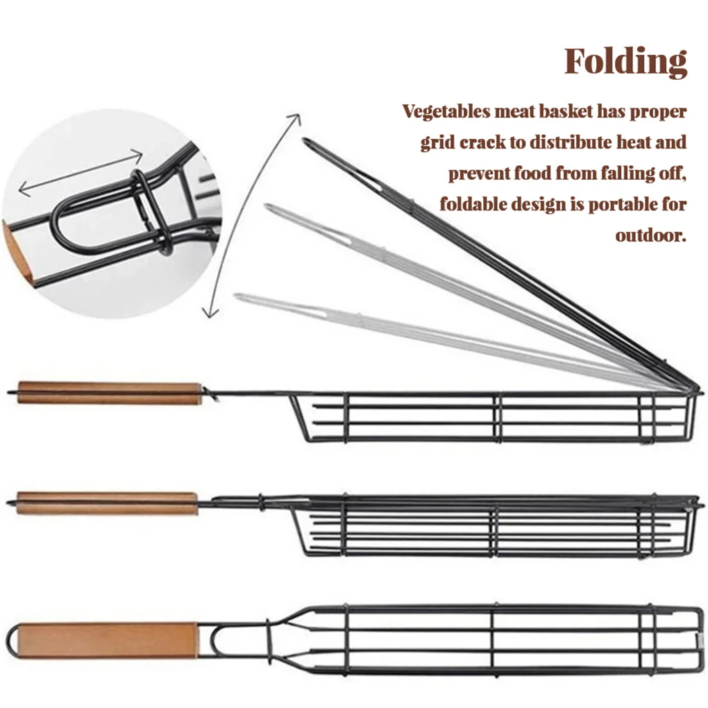Steel Reusable Grilling Basket BBQ Grill Rack Heavy Duty Barbecue Meat Holder Stick Camping Picnic Accessories Tool