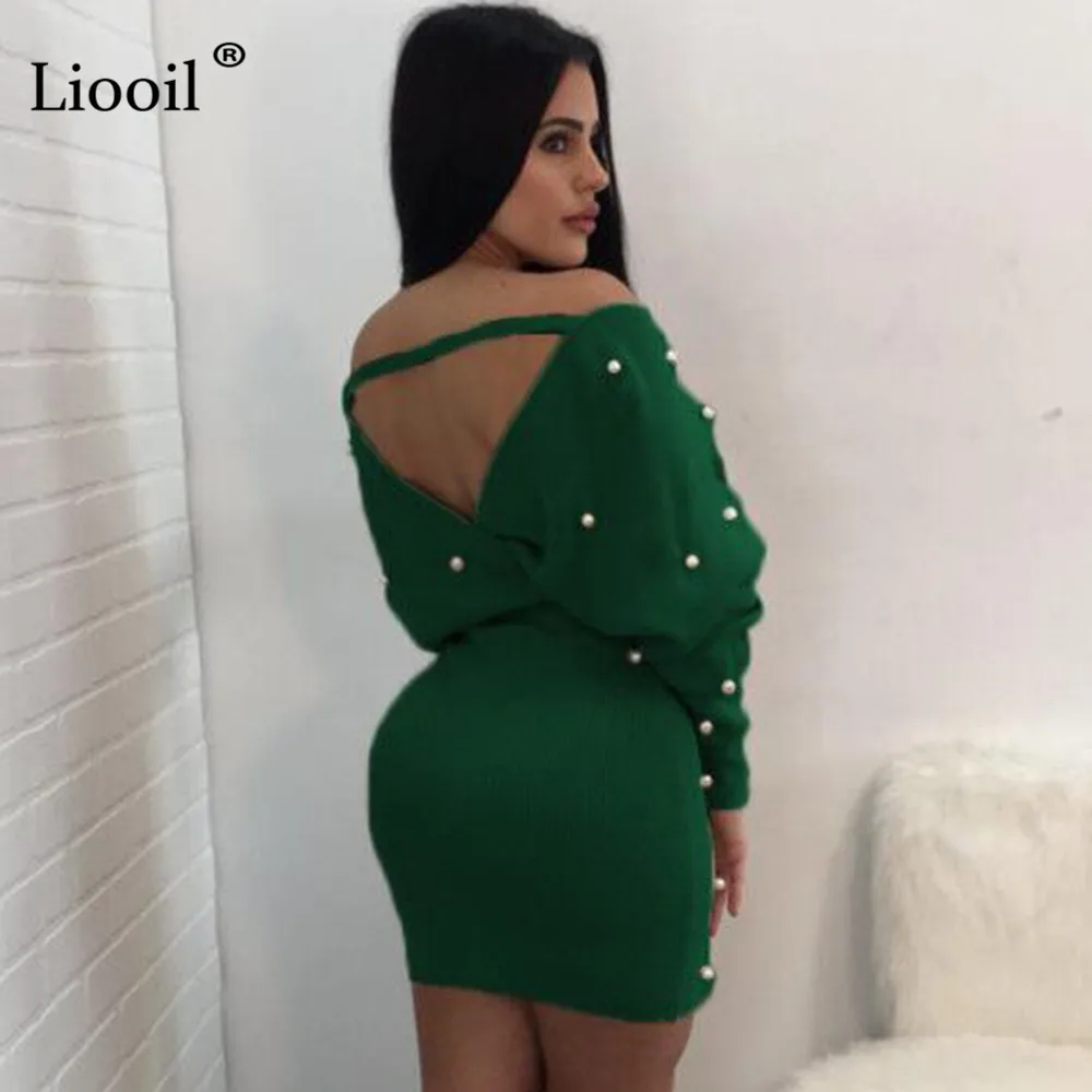 Liooil сексуальным вырезом на спине и Бисер облегающее мини платье Для женщин Клубная одежда с длинным рукавом Кружевное платье с v-образной горловиной, с кисточками; короткие платья женские вечерние ночь