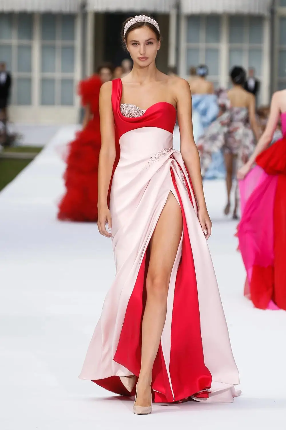 Светильник, розовое и красное атласное платье для торжеств, на одно плечо, с высоким разрезом, с бисером, вечернее платье, вечерние платья