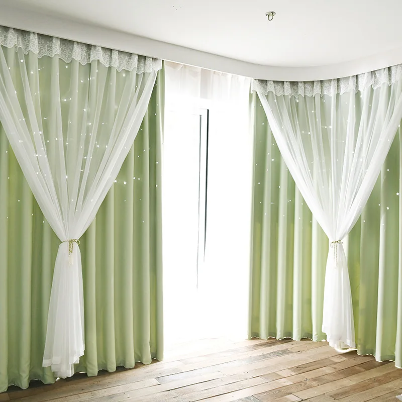 Fashion korean style pink hollow star kids curtains double layer black out window curtains for living room decorative - Цвет: Green