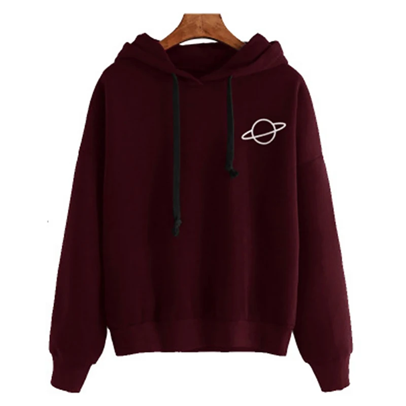 A Wine Red MoneRffi, женские толстовки, повседневные, с принтом планеты, одноцветные, свободные, на шнурке, толстовка, модная, с длинным рукавом, с капюшоном, женские топы - Цвет: A Wine Red