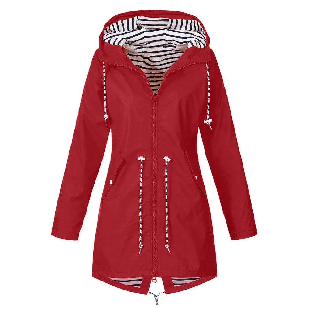 Женская куртка, однотонный дождевик, уличная водонепроницаемая, с капюшоном, ветрозащитный плащ, куртка на молнии, женская одежда, 5XL - Цвет: Red
