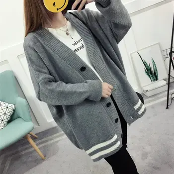 

Knit Cardigan Autumn And Winter Loose Student Knitwear Mid-Long 2019 New Striped Loose Cardigan Long Sleeve Knitted Sweater