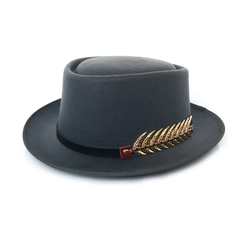 YY золотой пояс с перьями Fedora шляпа для мужчин плоский Топ шляпы Трилби для женщин свиной пирог джаз шляпа Классическая церковная Кепка FD19040 - Цвет: Grey Trilby Cap