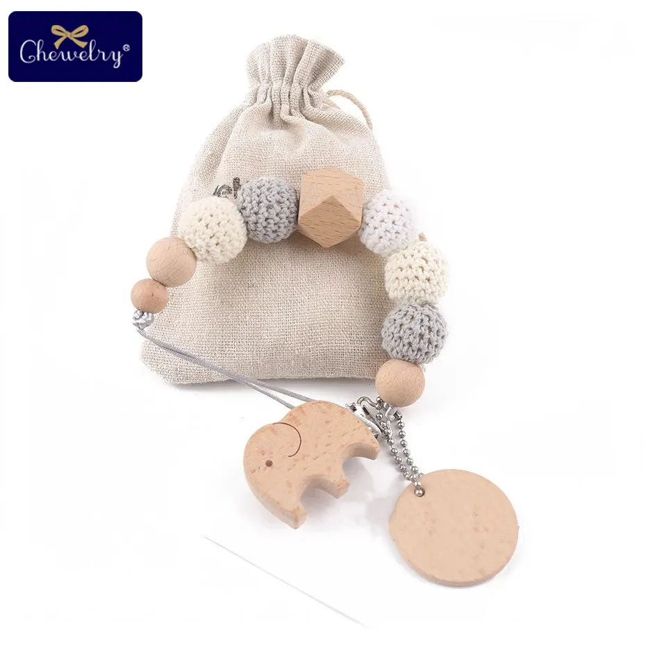 

Let's Make Baby Teether 1PC Pacifier Chain Elephant Wooden Clip Geometric Crochet Beads With Bag Wood Teether Tiny Rod Toys