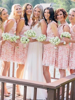 

2020 Classic Pink Lace Sleeveless Jewel Neck Bridesmaid Dresses Short Wedding Party Gowns Mini Length With Bow Sash