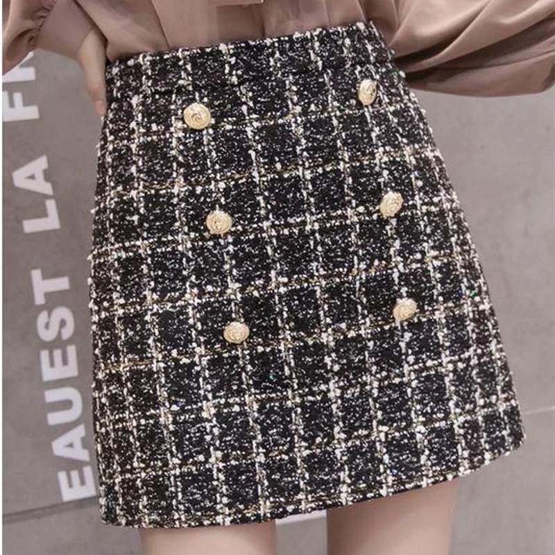 

Autumn Winter Woolen Mini Skirt 2019 Women Vintage Plaid Gold Double-Breasted Tweed A-Line Skirt High Waist Femininas