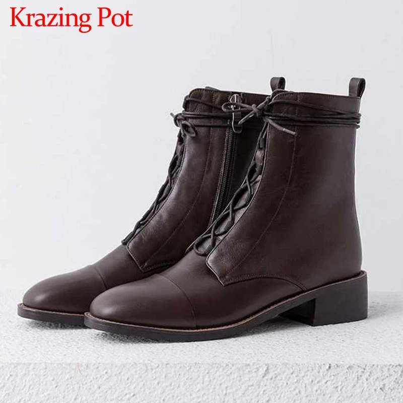 

Krazing Pot square toe vintage British genuine leather med heels winter lace up daily wear leisure style women ankle boots L59