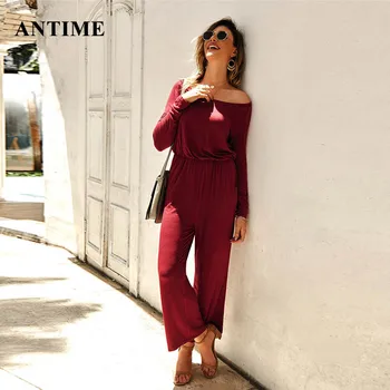 

Antime Long Sleeve Off Shoulder Women Jumpsuits Casual Long Pants Autumn Winter Solid Black Red Fashion Ladies Rompers