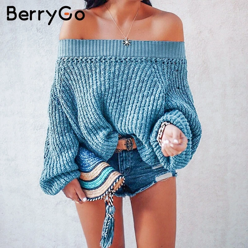 BerryGo сексуальный женский свитер с открытыми плечами вязаный пуловер пышными