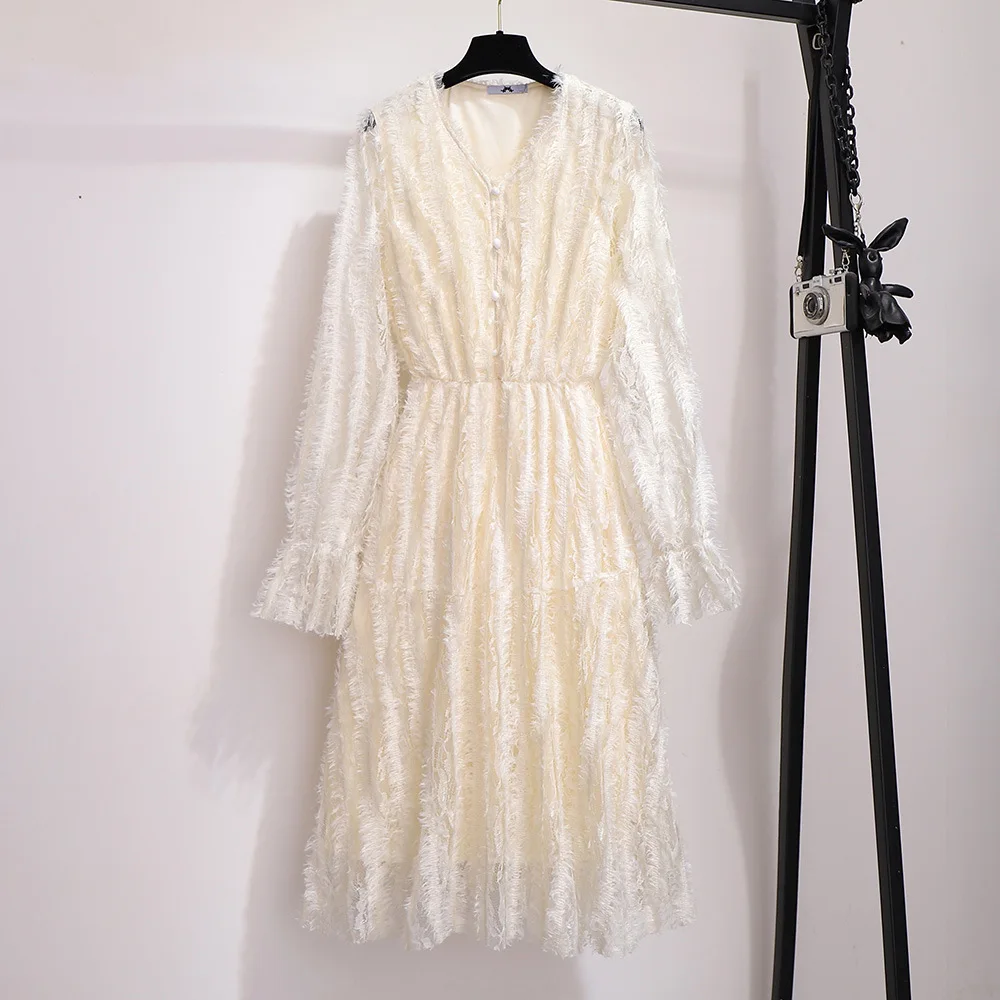 Осеннее зимнее длинное платье размера плюс для женщин, большие приталенные повседневные кружевные плиссированные платья с эластичной талией белого цвета 3XL 4XL 5XL 6XL 7XL - Цвет: Белый
