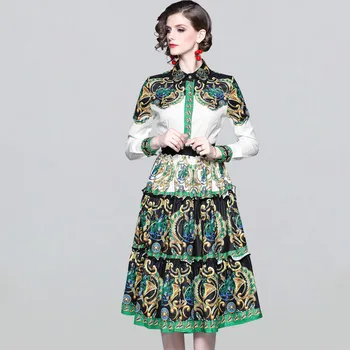 

Vintage Print Ball Gown Dress Women Winter Casual Evening Party Shirt Dresses Elegant Big Swing Mid-calf Vestidos