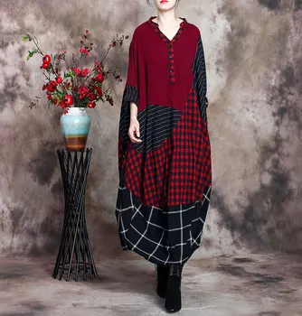 

SuperAen 2020 Autumn New Original Cotton and Linen Loose Plaid Patchwork Cocoon Dresses Women
