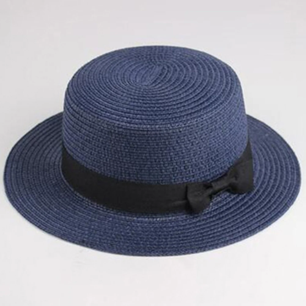 Navy Blue Женская шляпа с широкими полями, с бантом, бантиком, с гибкой шляпой, летняя соломенная шляпа, с бантом, с плоским верхом, пляжная шляпа, маленький Топ, Кепка - Цвет: Navy Blue