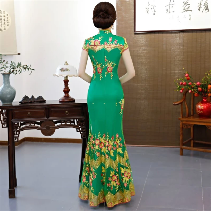 Вечерние Cheongsam Китайский традиционный стиль женское зеленое тонкое вечернее платье Qipao сексуальное Очаровательное платье ретро китайское платье