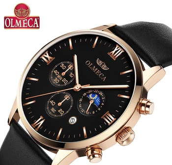 

OLMECA Luxury Men's Watch Dress Wristwatches Fashion Chronograph Watches Quartz Watch Genuine Leather ClockBusinessman
