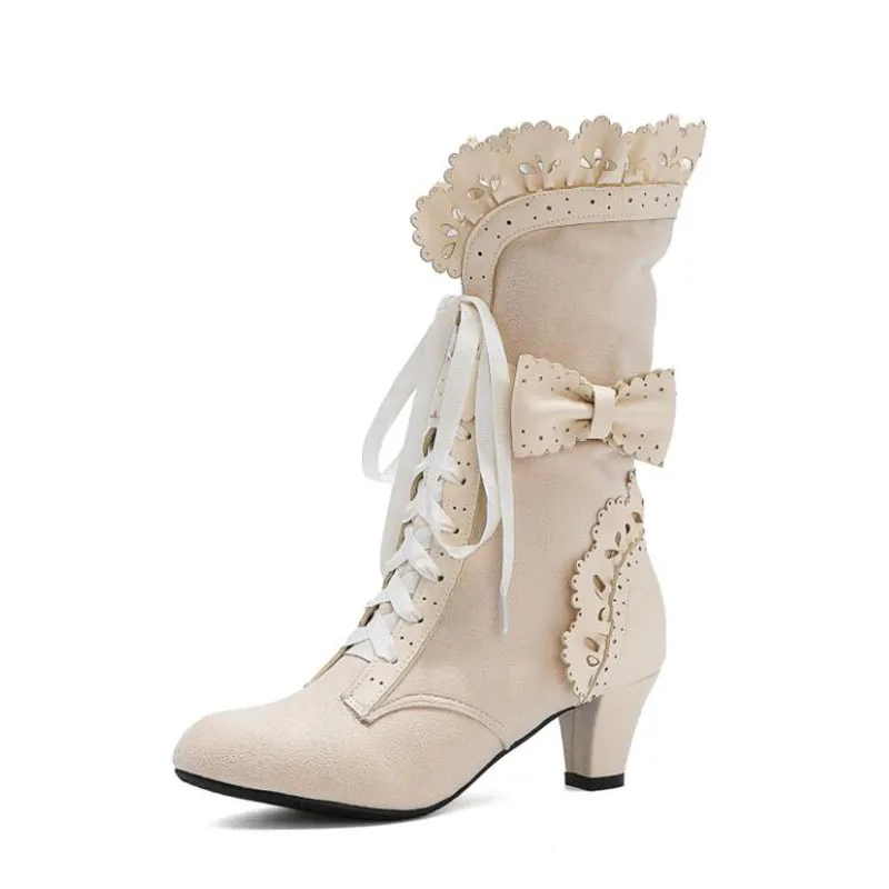 

zapatillas mujer women vintage mid calf boots women lolita high-heeled ruffled front lace-up plus size women's boots