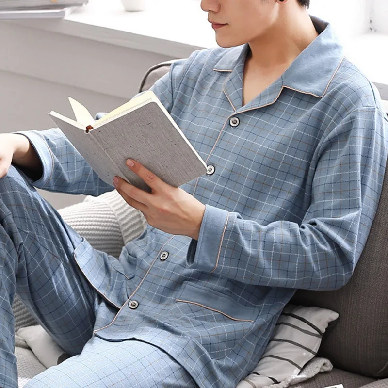 Simple Long Sleeve Cotton Top Pant Men's Pajama Sets