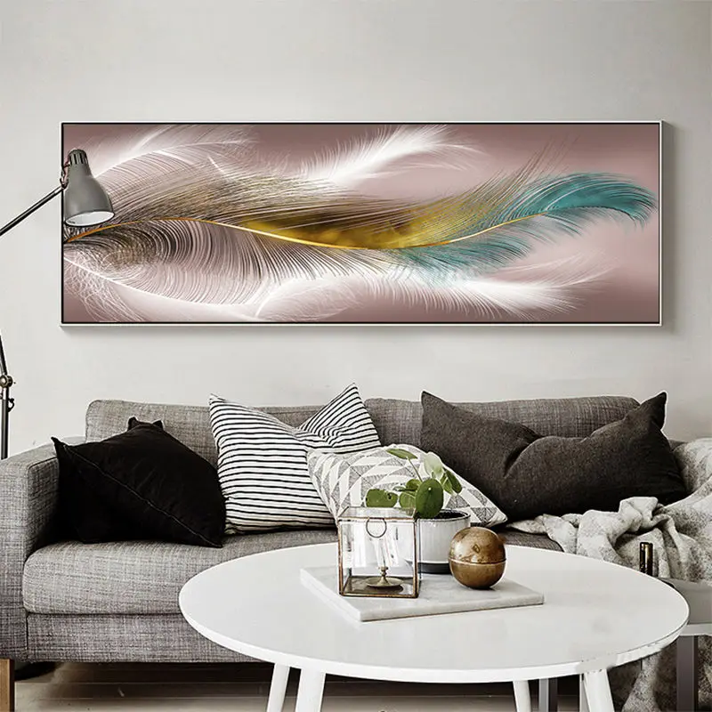 Современная Абстрактная картина с изображением разноцветных перьев на холсте