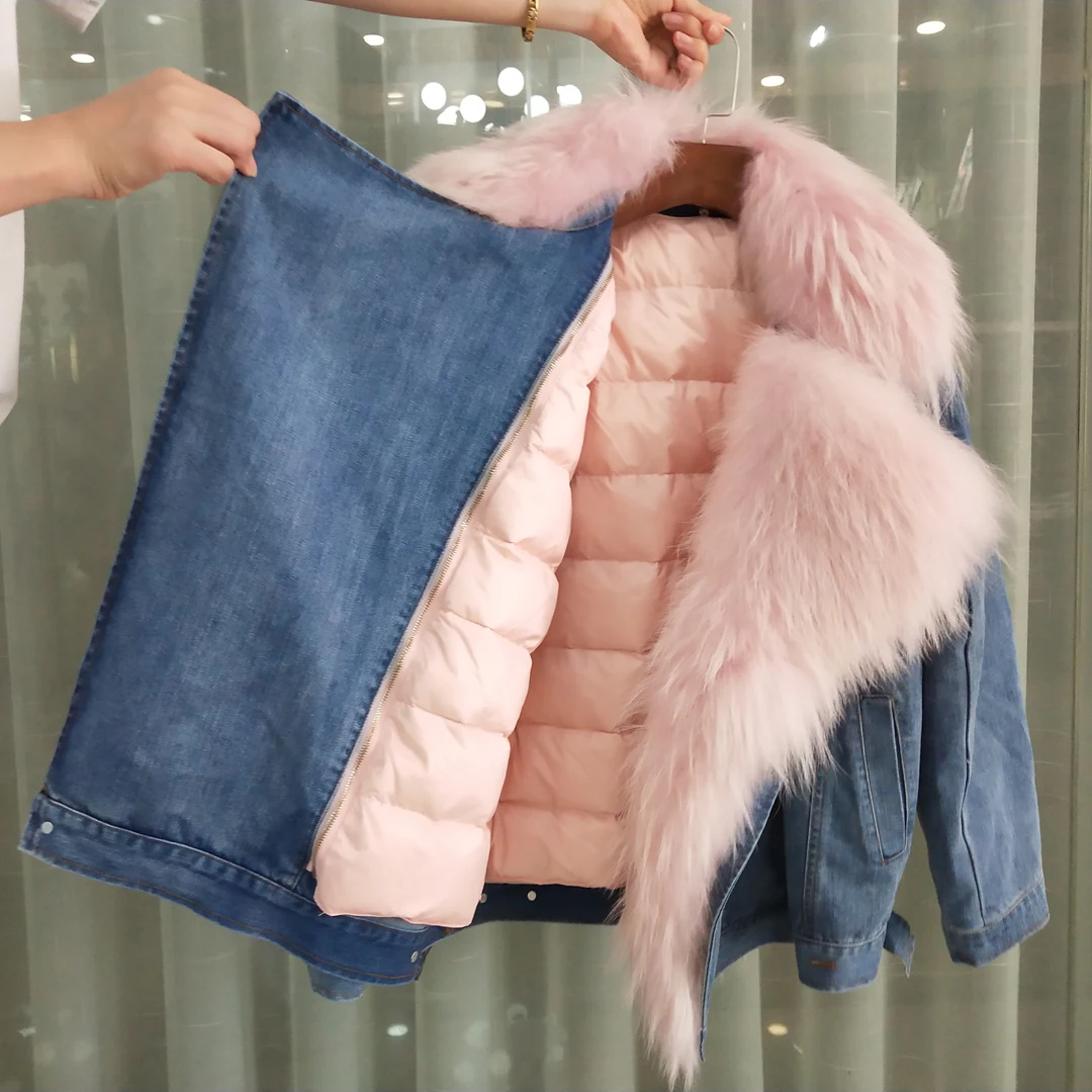 Abrigos mujer invierno2019 пуховик Верхняя одежда с меховым воротником из натурального енота и собаки зимнее пальто женская джинсовая куртка Толстая теплая одежда