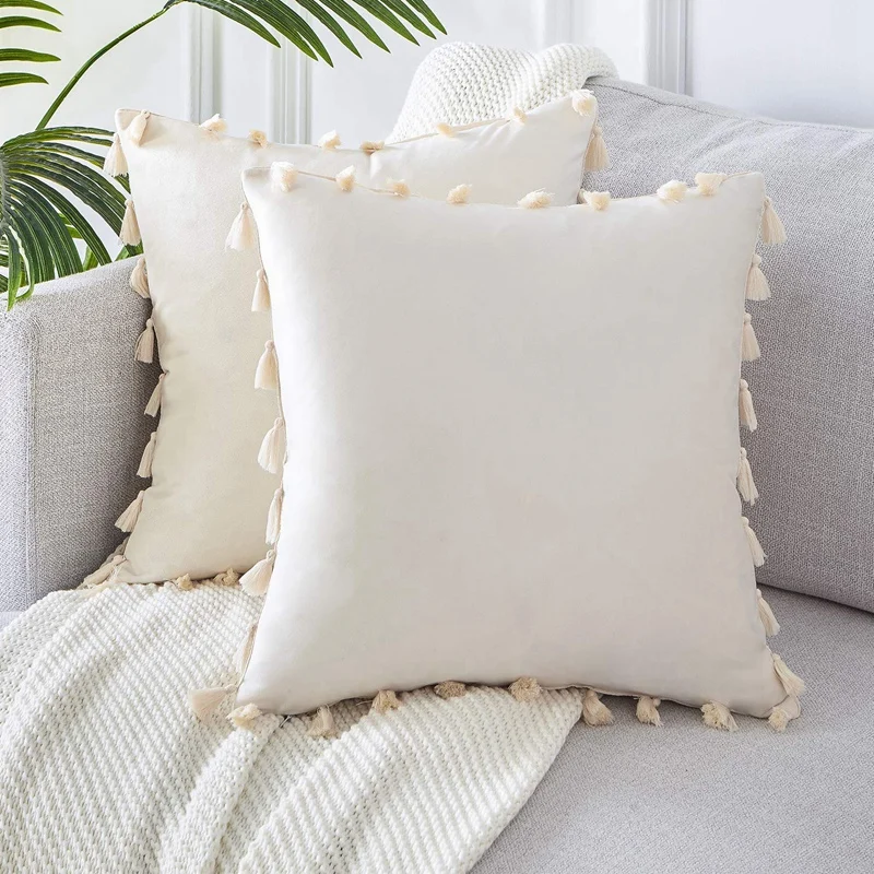 Pack of 2 Velvet Soft Solid Christmas Decorative Throw Pillow Cover with Tassels Fringe Boho Accent Cushion Case for Couch Sofa Pack of 2 Velvet Soft Solid Christmas Decorative Throw Pillow Cover with Tassels Fringe Boho Accent Cushion Case for Couch Sofa