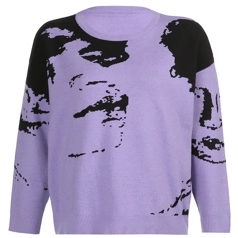 winter Unisex y2k Portrait oversized sweater punk Purple Women's coat plus size pullover knitted sweaters korean clothes