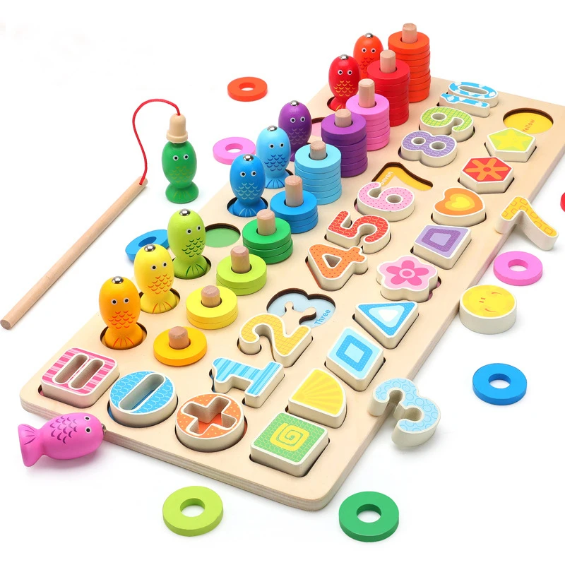 

Kids Toys Montessori Educational Wooden Toys Geometric Shape Cognition Puzzle Fishing Math Early Educational Toys For Children