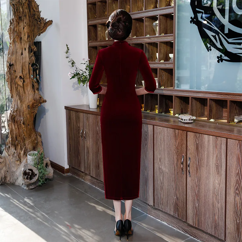Осеннее женское традиционное китайское винтажное платье Qipao Чонсам с цветами, сексуальные велюровые вечерние платья, большие размеры 3XL 4XL