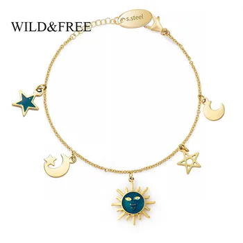 

Wild & Free Cute Sun Moon Star Charm Bracelets For Women Blue Planet Gold Chain Bracelets Stainless Steel Jewelry For Lover Gift