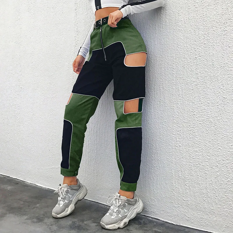 JIEZuoFang Women Harajuku Streetwear High Waist Zipper Harem Pants Hollow Out Patchwork Pants Summer Fashion Joggers Sweatpants