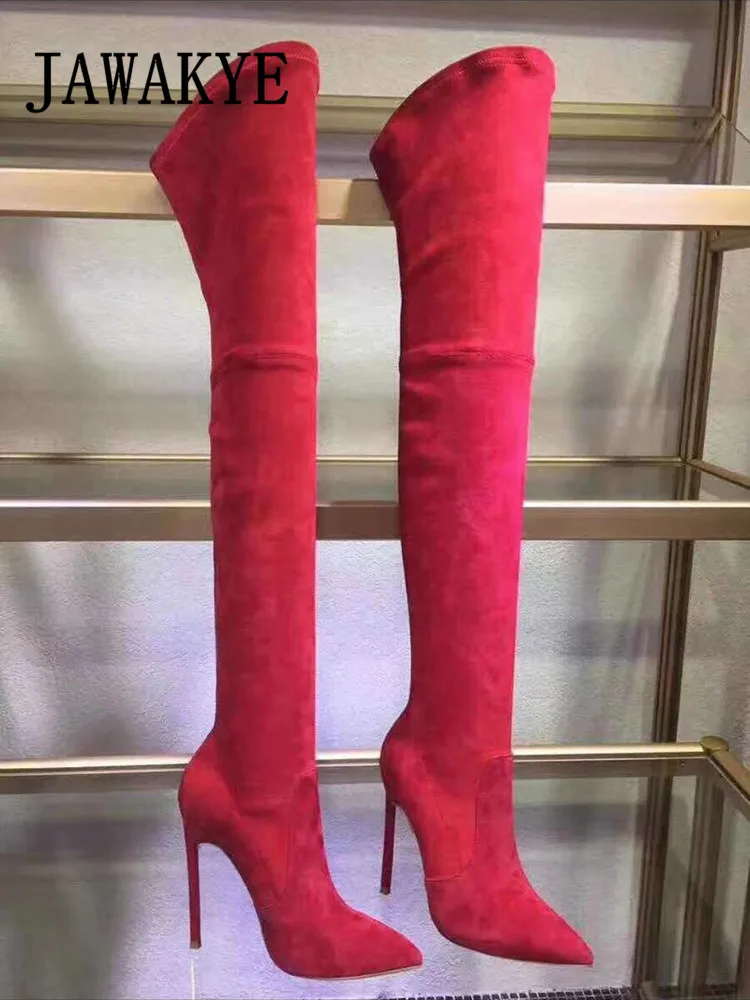 Sexy Suede Over the Knee thigh high boots women point toe Metal thin high heel Shoes winter black red Long Boots Runway shoes
