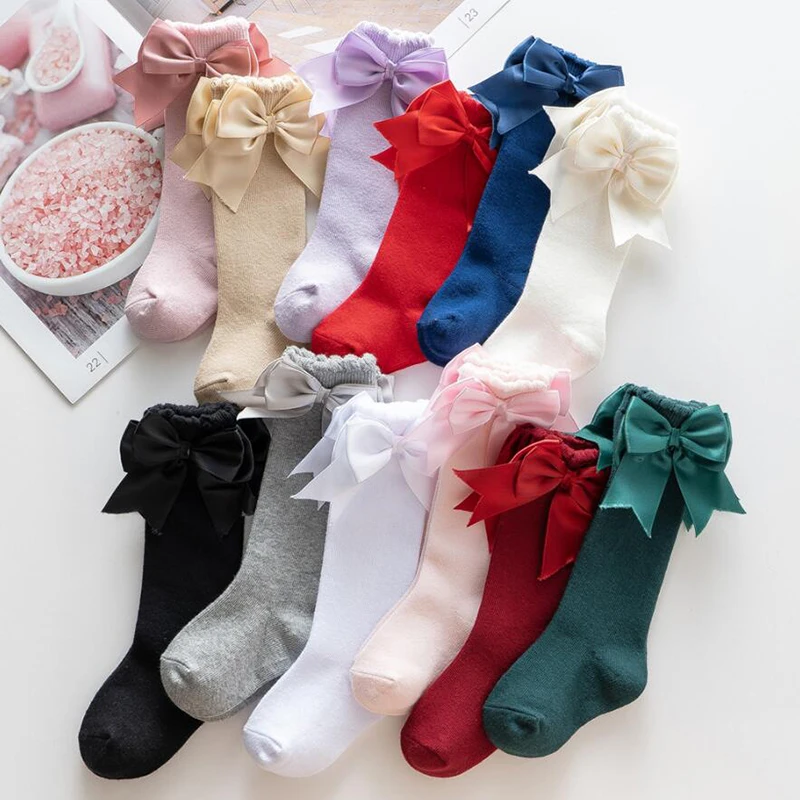 0 7Years Baby Girls Socks New Toddlers Girl Double Bows Knee High Soft Children Socks Bowknots