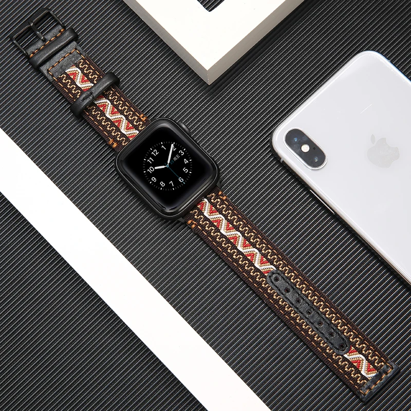 National Wind Fabric+Genuine Leather strap for apple watch band 42mm 38mm 44mm 40mm iwatch series 5/4/3/2/1 bracelet Accessories