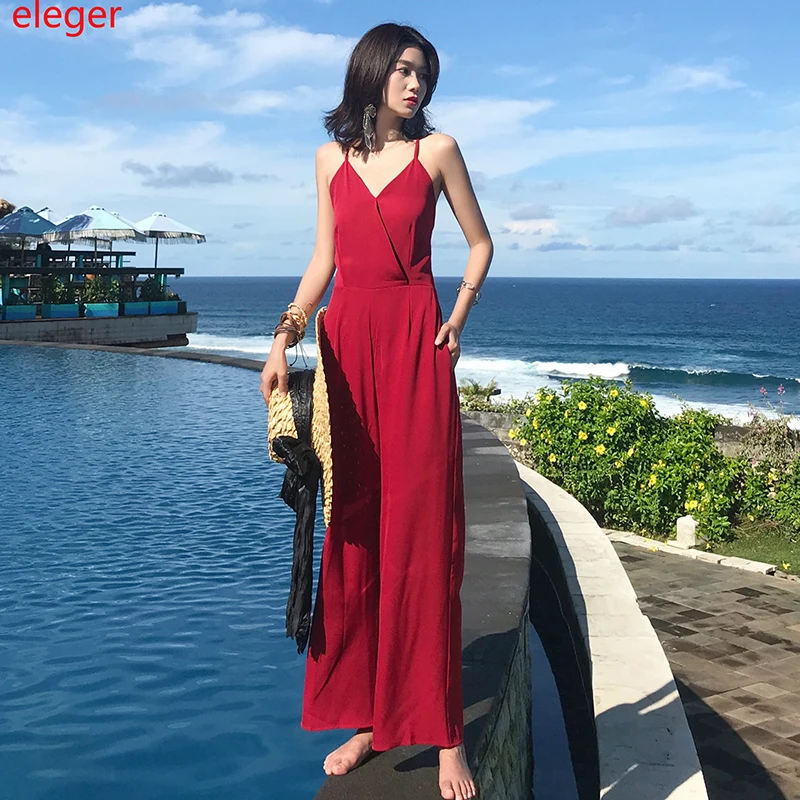 

Summer Burgundy Women Jumpsuit Elegant Tropical Wide Leg High Waist Backless Rompers Casual Beach Vacation Playsuit Korean 2020