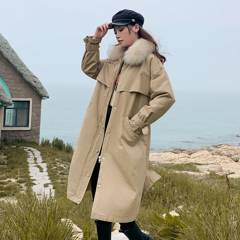 

Casual Long Hooded Parka Liner Detachable Winter Jacket Women 2020 New Fashion Adjustable Waist Sashes Parka Fur Collar Coat