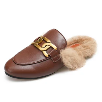 

High quality genuine leather rabbit fur mules shoe Hairy slippers women outside wear winter flat slippers Slides women flats